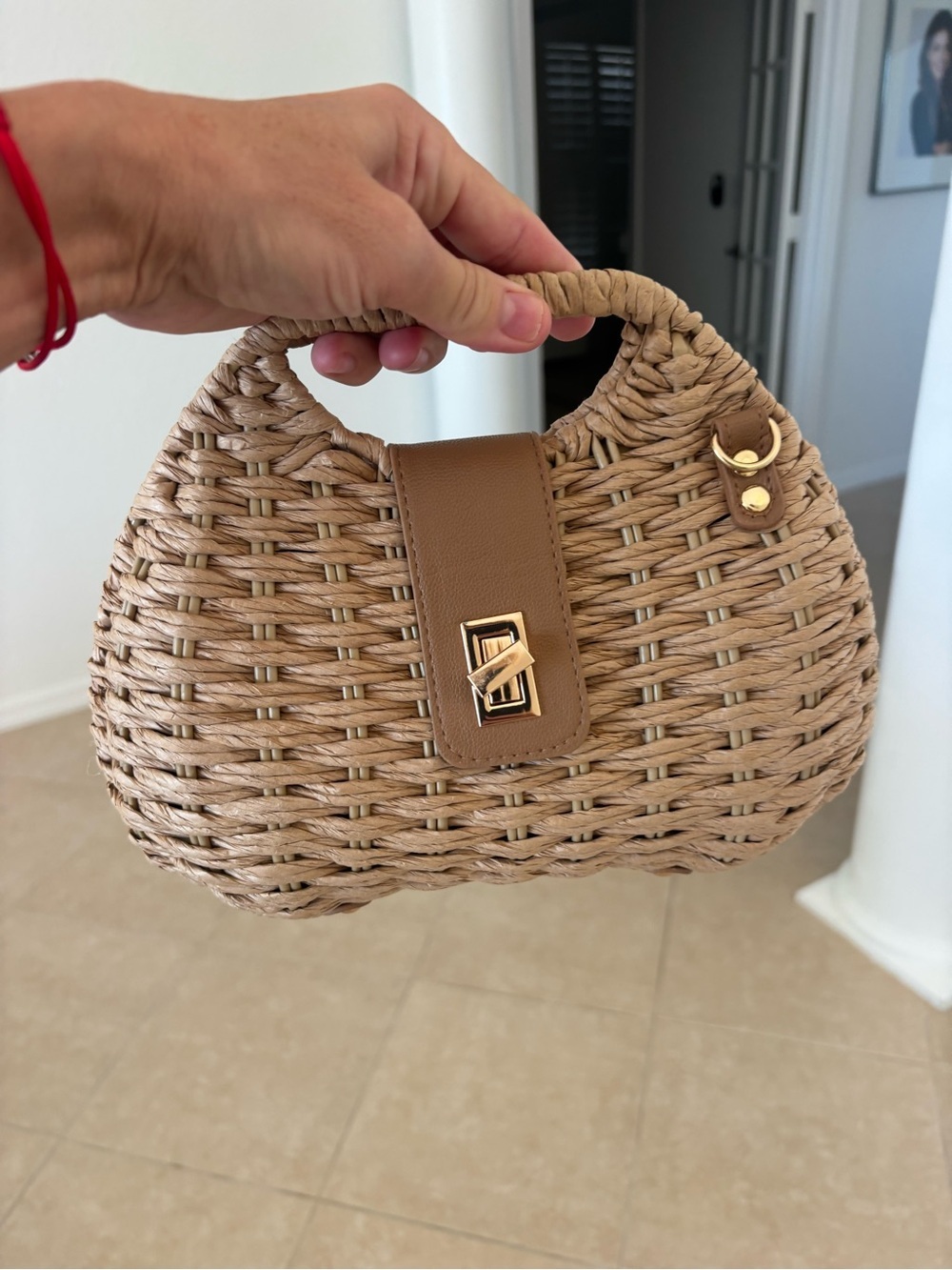 Woven Straw Top-Handle Bag in Tan
